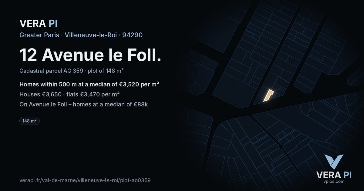 12 Avenue le Foll, Villeneuve-le-Roi at night – the plot lit, the parcels around coloured by the prices near them