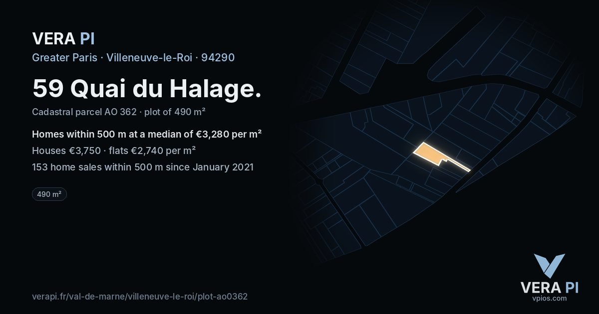 59 Quai du Halage, Villeneuve-le-Roi at night – the plot lit, the parcels around coloured by the prices near them