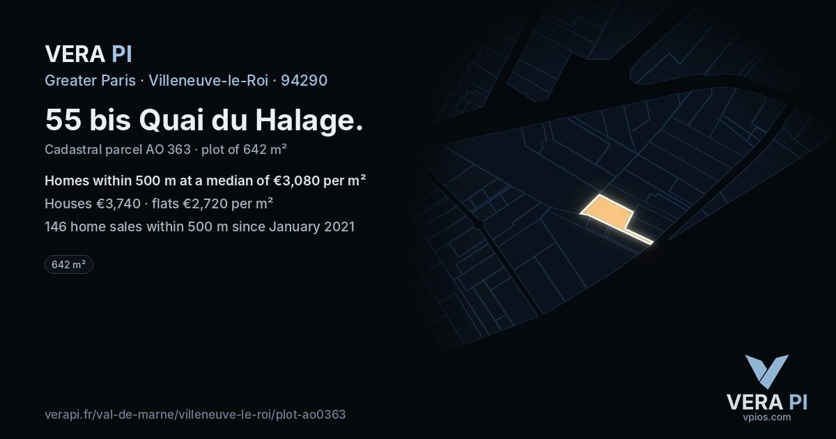55 bis Quai du Halage, Villeneuve-le-Roi at night – the plot lit, the parcels around coloured by the prices near them