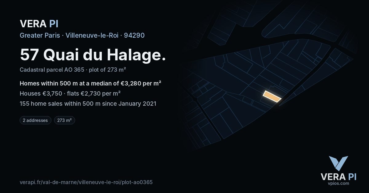57 Quai du Halage, Villeneuve-le-Roi at night – the plot lit, the parcels around coloured by the prices near them