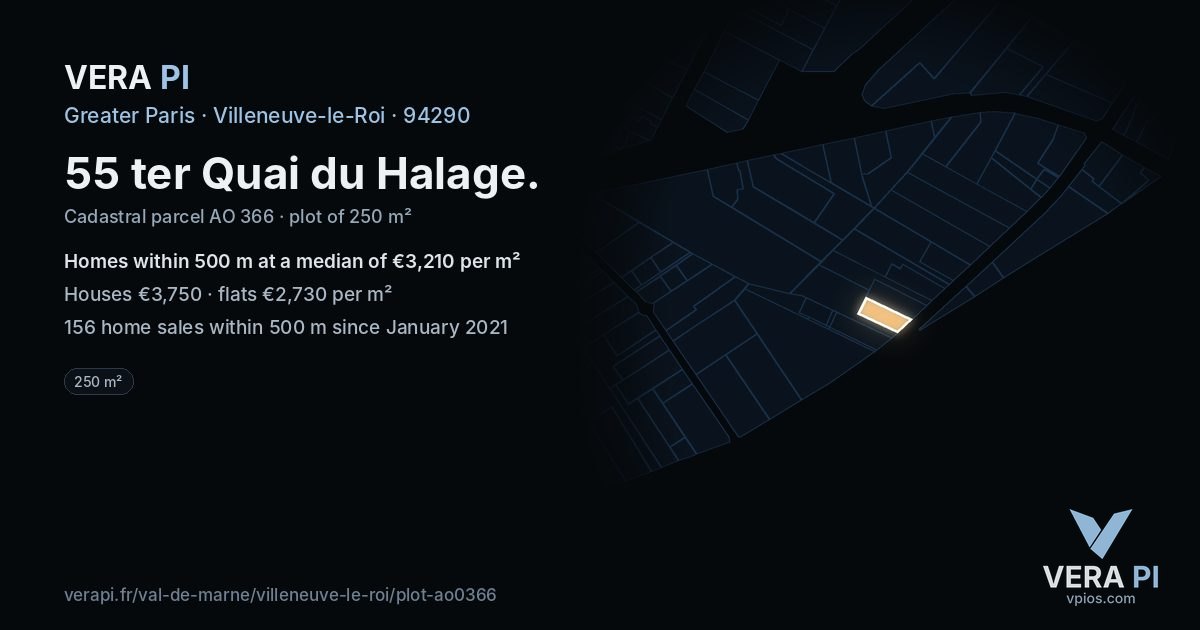 55 ter Quai du Halage, Villeneuve-le-Roi at night – the plot lit, the parcels around coloured by the prices near them