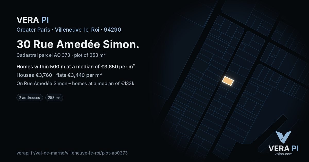 30 Rue Amedée Simon, Villeneuve-le-Roi at night – the plot lit, the parcels around coloured by the prices near them