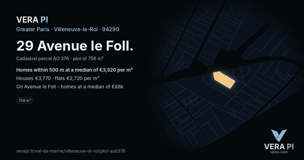 29 Avenue le Foll, Villeneuve-le-Roi at night – the plot lit, the parcels around coloured by the prices near them