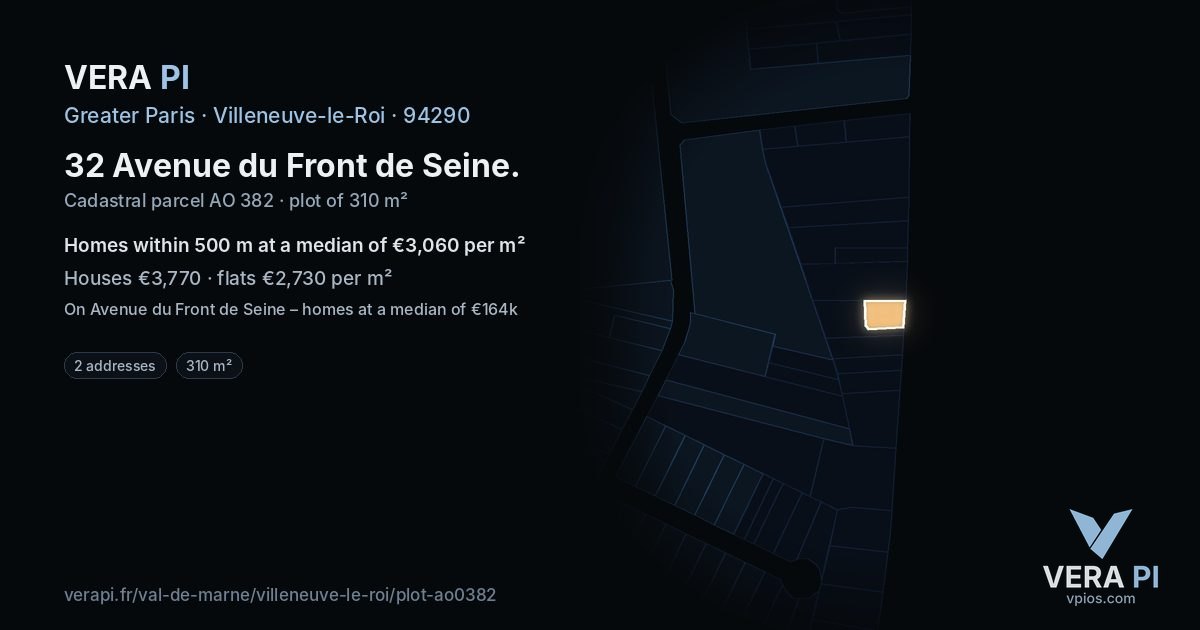 32 Avenue du Front de Seine, Villeneuve-le-Roi at night – the plot lit, the parcels around coloured by the prices near them