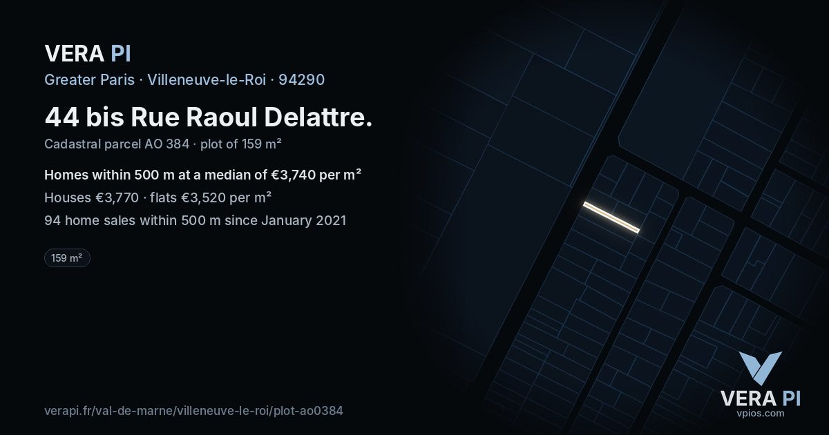 44 bis Rue Raoul Delattre, Villeneuve-le-Roi at night – the plot lit, the parcels around coloured by the prices near them