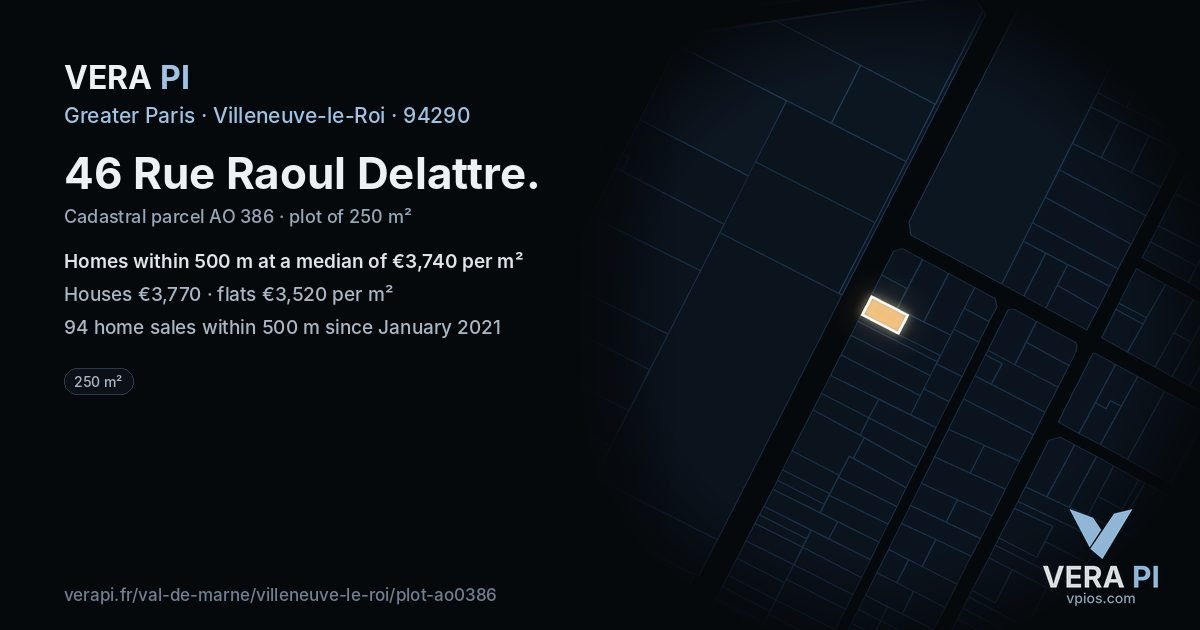 46 Rue Raoul Delattre, Villeneuve-le-Roi at night – the plot lit, the parcels around coloured by the prices near them