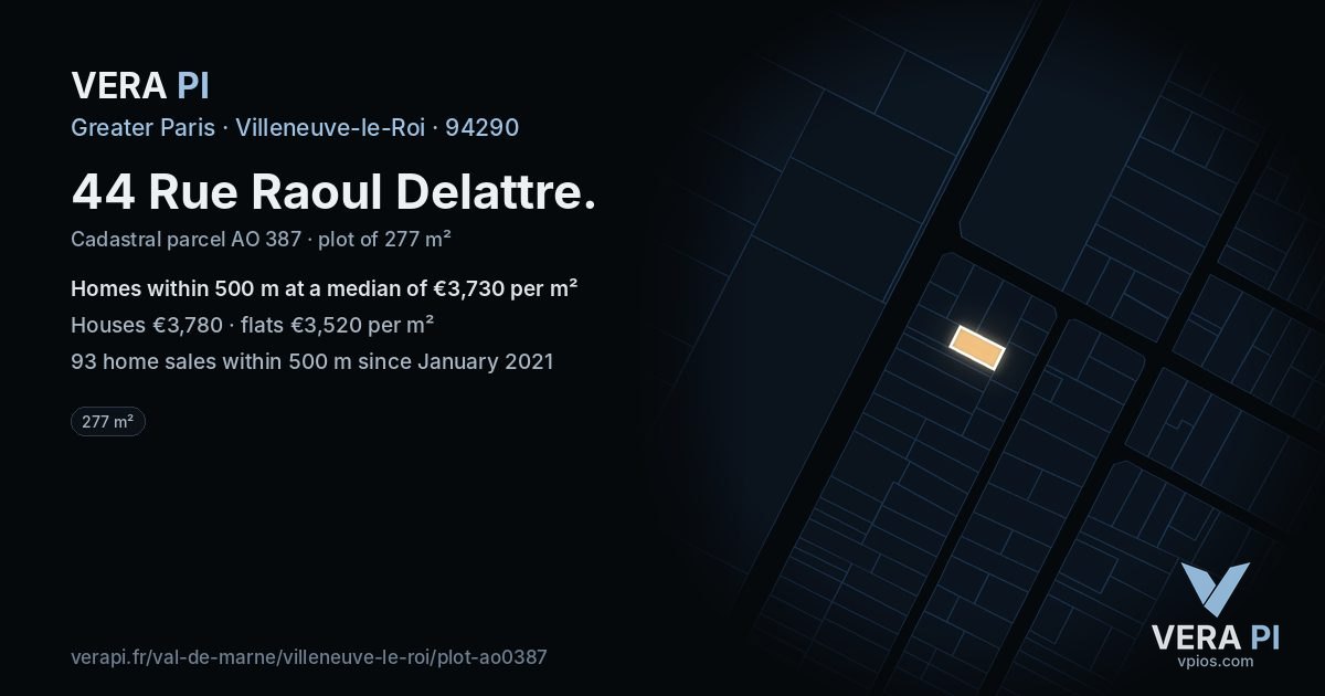 44 Rue Raoul Delattre, Villeneuve-le-Roi at night – the plot lit, the parcels around coloured by the prices near them