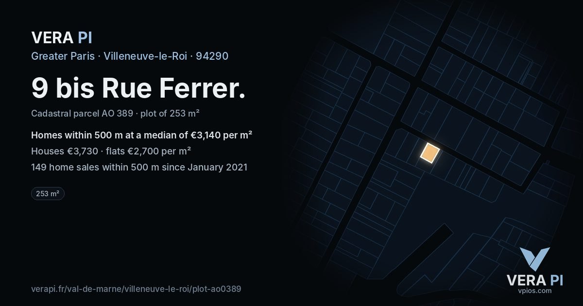 9 bis Rue Ferrer, Villeneuve-le-Roi at night – the plot lit, the parcels around coloured by the prices near them