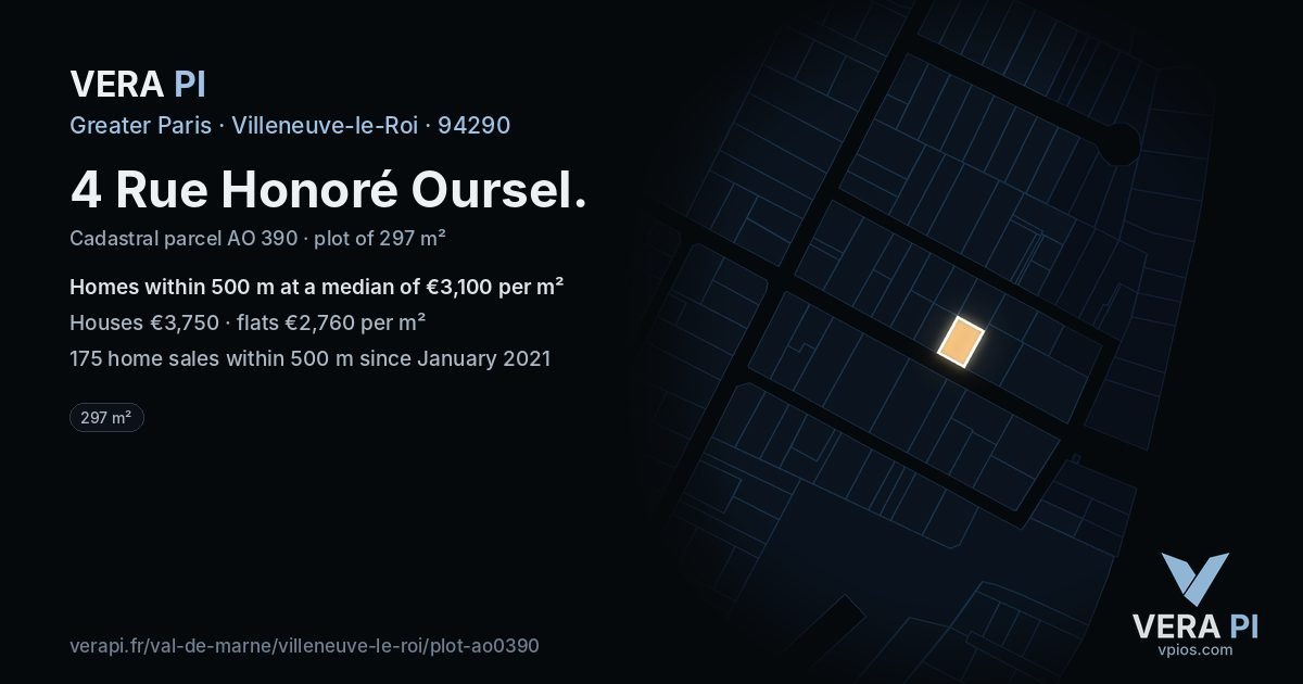 4 Rue Honoré Oursel, Villeneuve-le-Roi at night – the plot lit, the parcels around coloured by the prices near them