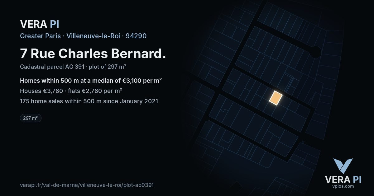 7 Rue Charles Bernard, Villeneuve-le-Roi at night – the plot lit, the parcels around coloured by the prices near them