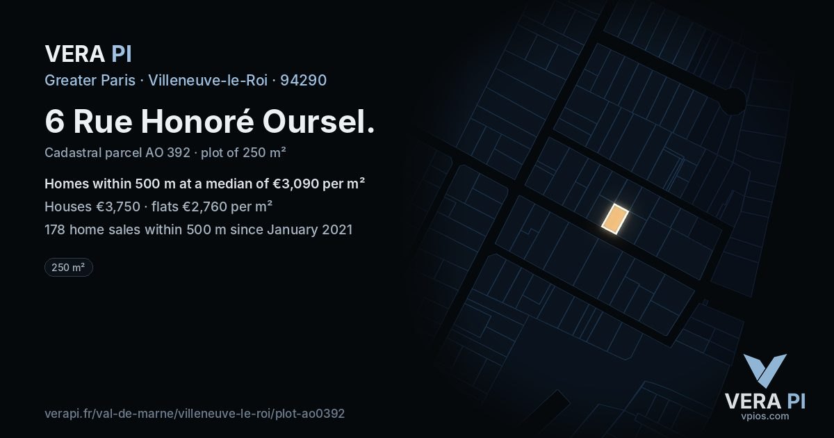 6 Rue Honoré Oursel, Villeneuve-le-Roi at night – the plot lit, the parcels around coloured by the prices near them
