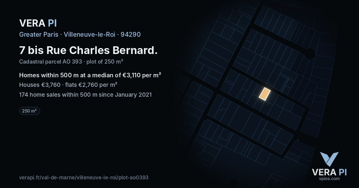 7 bis Rue Charles Bernard, Villeneuve-le-Roi at night – the plot lit, the parcels around coloured by the prices near them