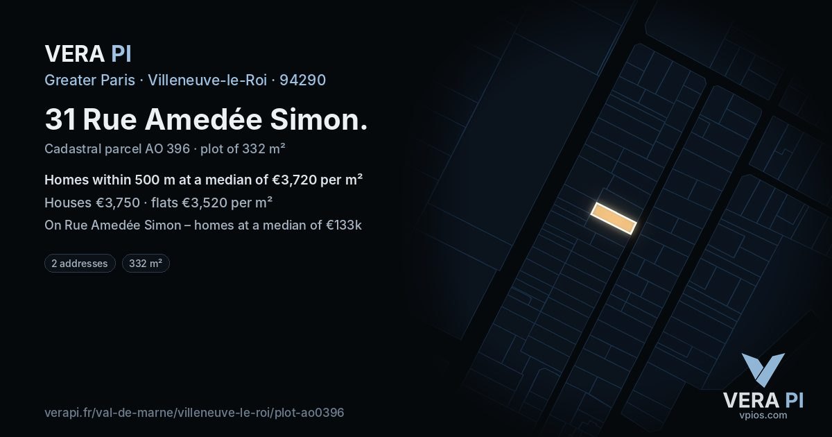 31 Rue Amedée Simon, Villeneuve-le-Roi at night – the plot lit, the parcels around coloured by the prices near them