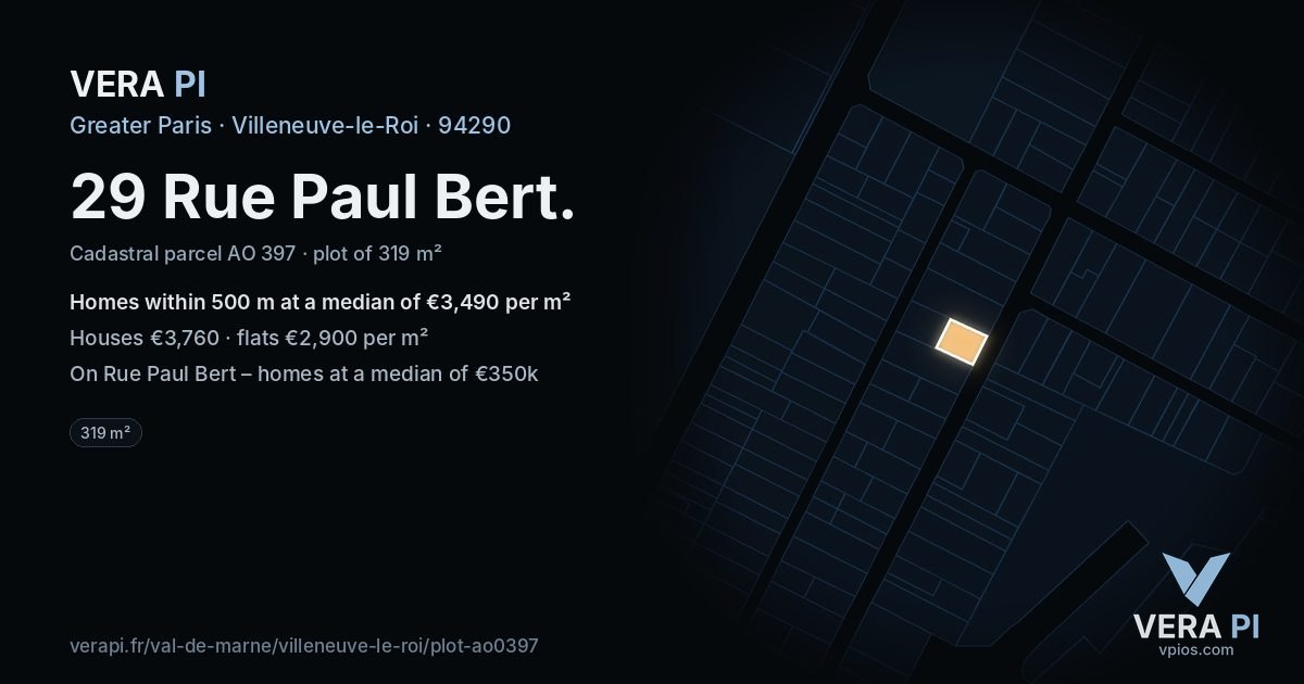 29 Rue Paul Bert, Villeneuve-le-Roi at night – the plot lit, the parcels around coloured by the prices near them