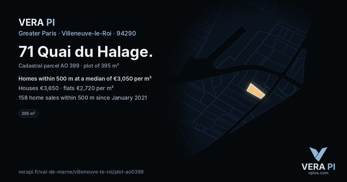 71 Quai du Halage, Villeneuve-le-Roi at night – the plot lit, the parcels around coloured by the prices near them