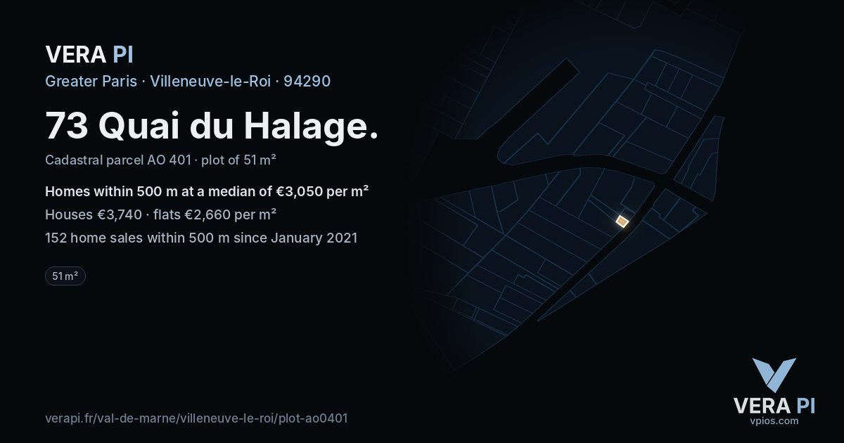 73 Quai du Halage, Villeneuve-le-Roi at night – the plot lit, the parcels around coloured by the prices near them