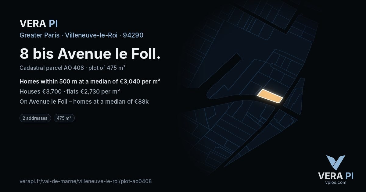 8 bis Avenue le Foll, Villeneuve-le-Roi at night – the plot lit, the parcels around coloured by the prices near them