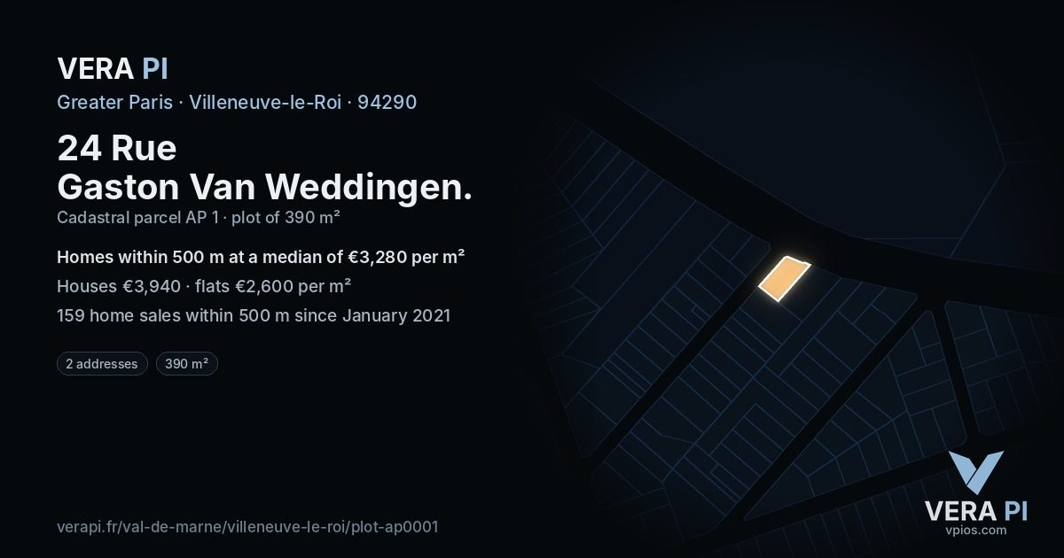 24 Rue Gaston Van Weddingen, Villeneuve-le-Roi at night – the plot lit, the parcels around coloured by the prices near them