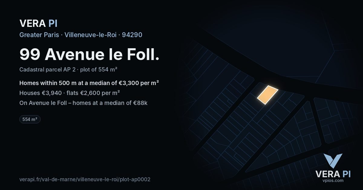 99 Avenue le Foll, Villeneuve-le-Roi at night – the plot lit, the parcels around coloured by the prices near them