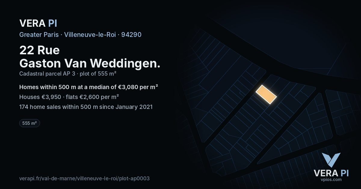 22 Rue Gaston Van Weddingen, Villeneuve-le-Roi at night – the plot lit, the parcels around coloured by the prices near them