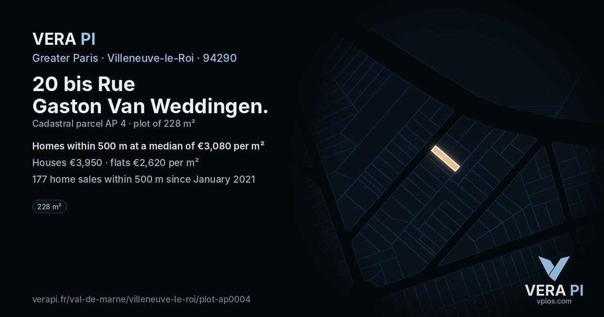 20 bis Rue Gaston Van Weddingen, Villeneuve-le-Roi at night – the plot lit, the parcels around coloured by the prices near them