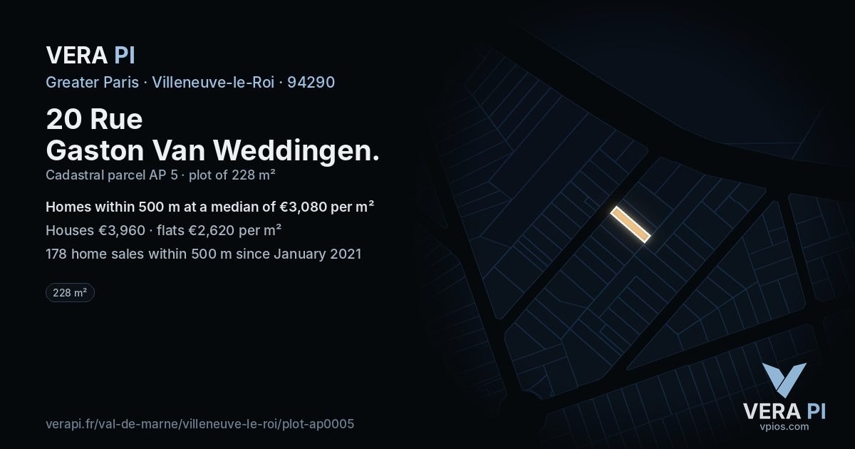 20 Rue Gaston Van Weddingen, Villeneuve-le-Roi at night – the plot lit, the parcels around coloured by the prices near them