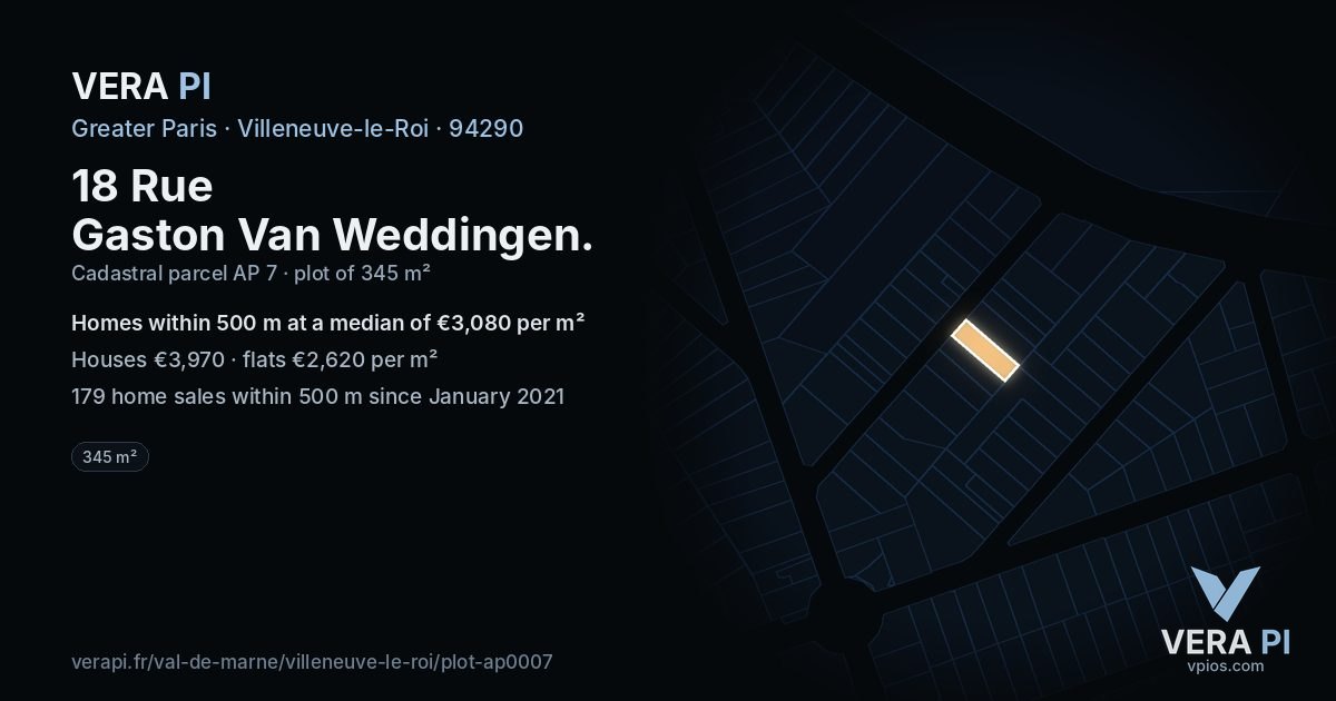 18 Rue Gaston Van Weddingen, Villeneuve-le-Roi at night – the plot lit, the parcels around coloured by the prices near them