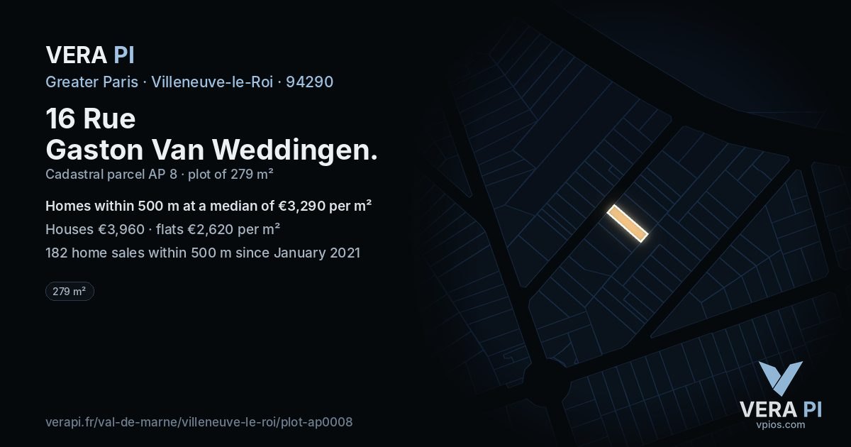 16 Rue Gaston Van Weddingen, Villeneuve-le-Roi at night – the plot lit, the parcels around coloured by the prices near them