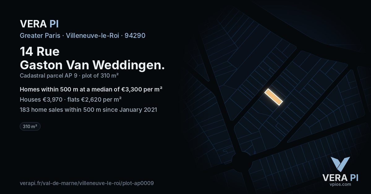 14 Rue Gaston Van Weddingen, Villeneuve-le-Roi at night – the plot lit, the parcels around coloured by the prices near them