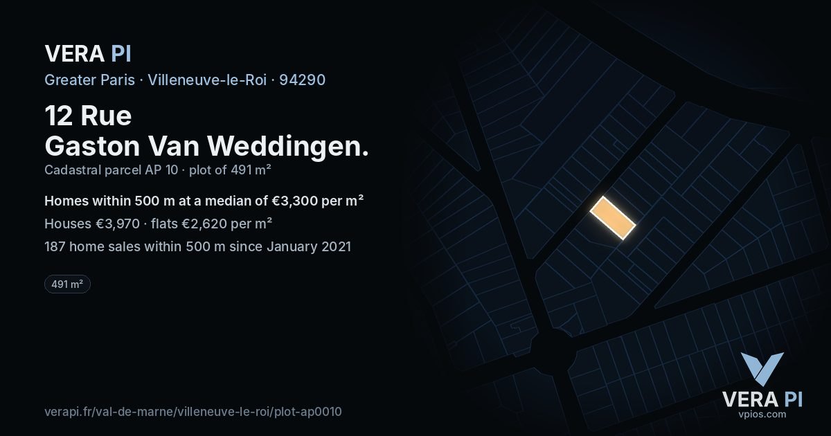 12 Rue Gaston Van Weddingen, Villeneuve-le-Roi at night – the plot lit, the parcels around coloured by the prices near them