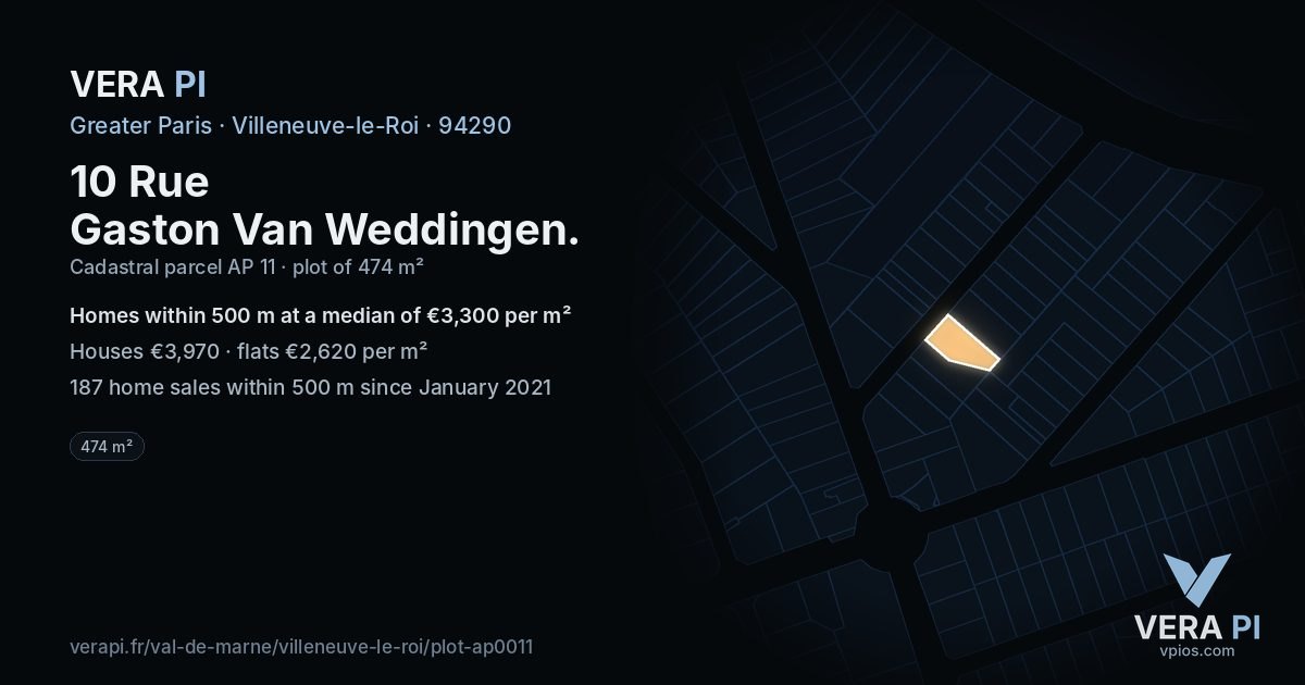 10 Rue Gaston Van Weddingen, Villeneuve-le-Roi at night – the plot lit, the parcels around coloured by the prices near them