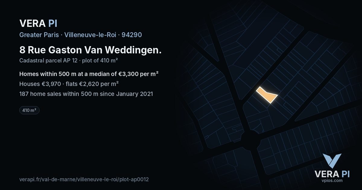 8 Rue Gaston Van Weddingen, Villeneuve-le-Roi at night – the plot lit, the parcels around coloured by the prices near them