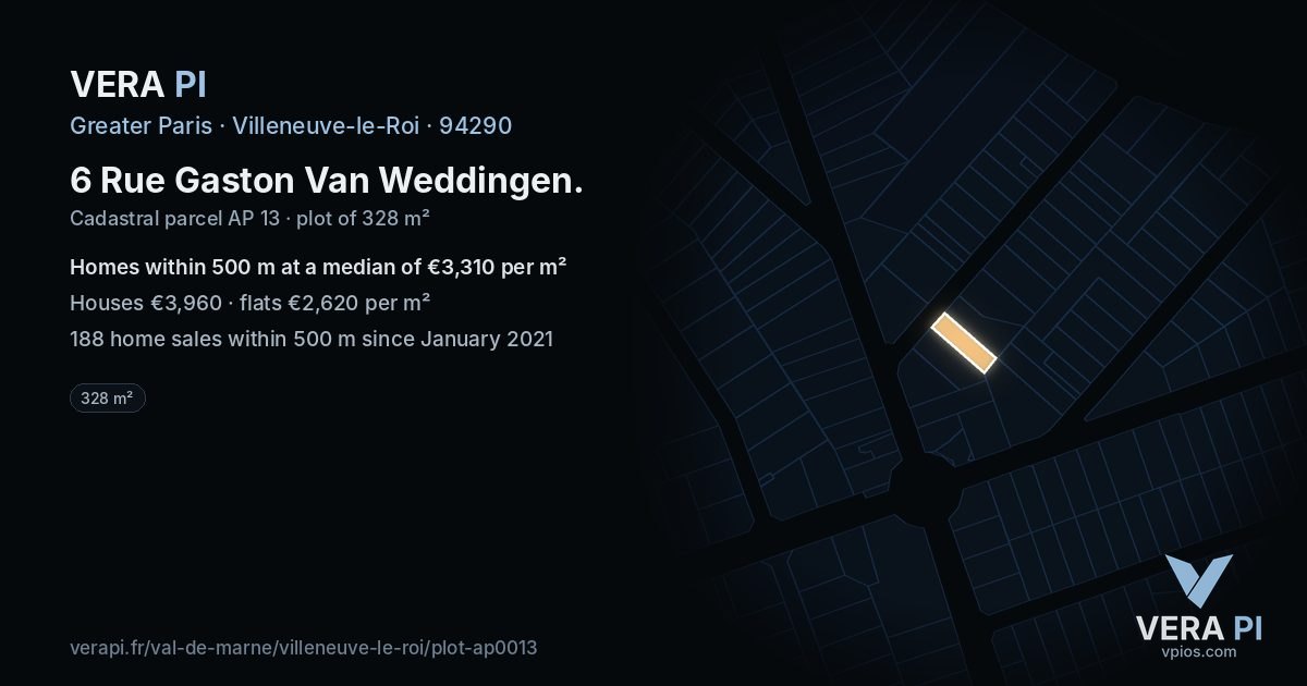 6 Rue Gaston Van Weddingen, Villeneuve-le-Roi at night – the plot lit, the parcels around coloured by the prices near them