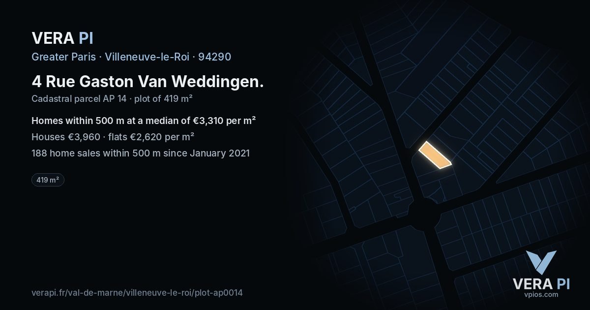 4 Rue Gaston Van Weddingen, Villeneuve-le-Roi at night – the plot lit, the parcels around coloured by the prices near them