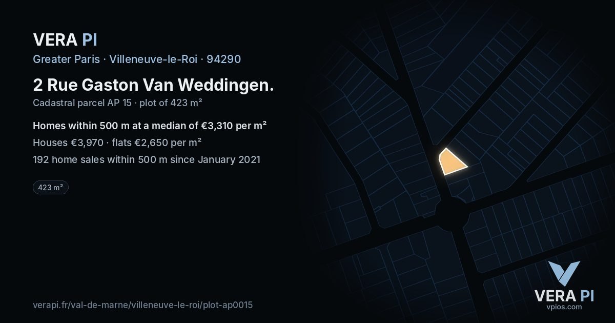 2 Rue Gaston Van Weddingen, Villeneuve-le-Roi at night – the plot lit, the parcels around coloured by the prices near them