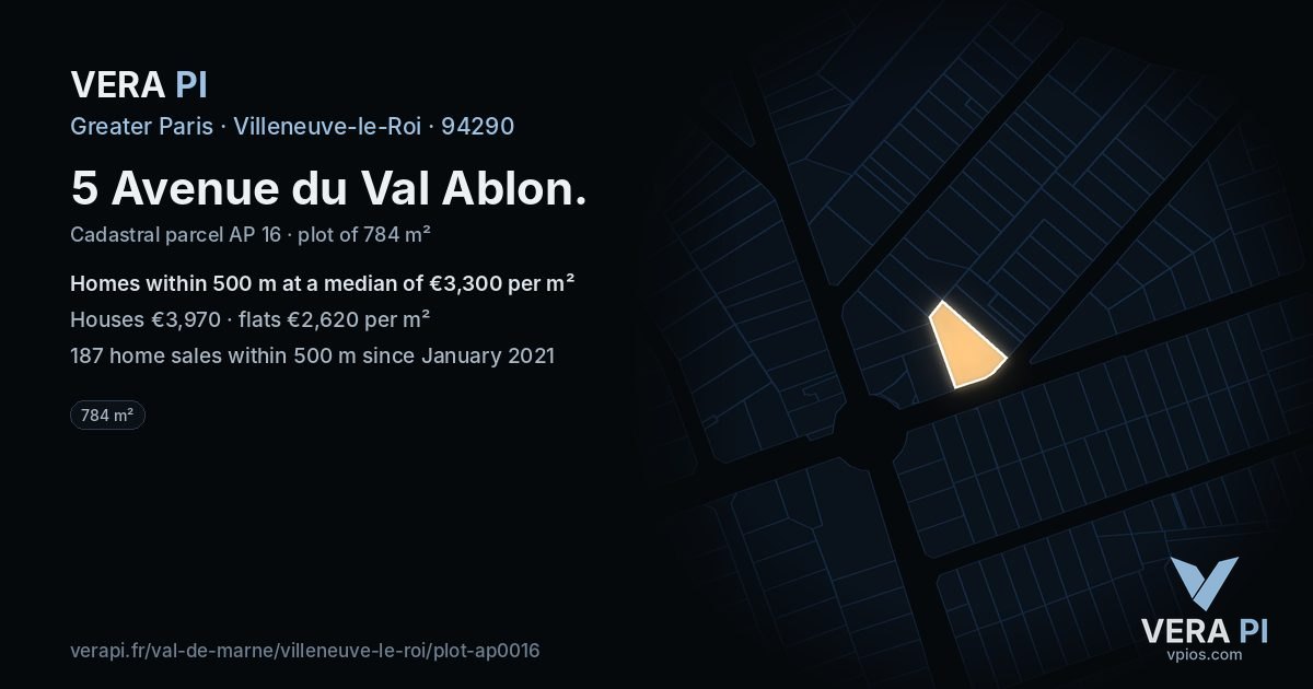 5 Avenue du Val Ablon, Villeneuve-le-Roi at night – the plot lit, the parcels around coloured by the prices near them