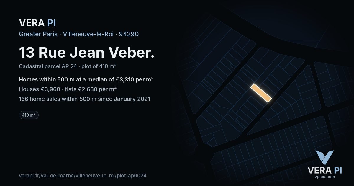 13 Rue Jean Veber, Villeneuve-le-Roi at night – the plot lit, the parcels around coloured by the prices near them