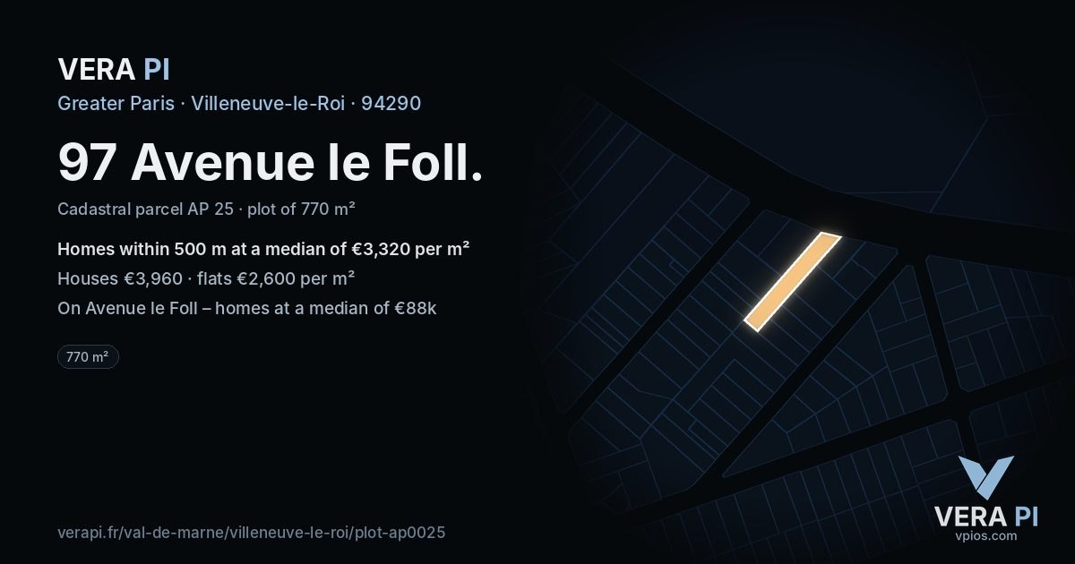 97 Avenue le Foll, Villeneuve-le-Roi at night – the plot lit, the parcels around coloured by the prices near them