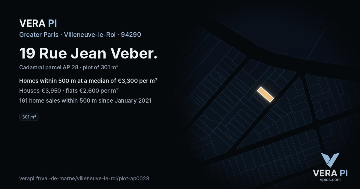 19 Rue Jean Veber, Villeneuve-le-Roi at night – the plot lit, the parcels around coloured by the prices near them