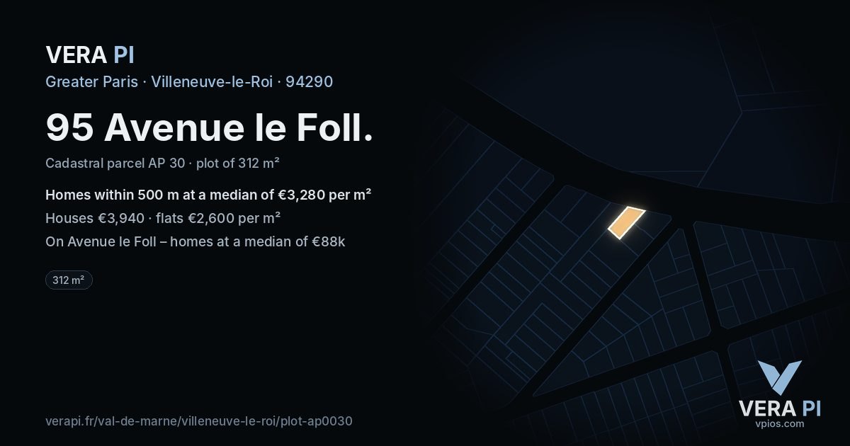 95 Avenue le Foll, Villeneuve-le-Roi at night – the plot lit, the parcels around coloured by the prices near them