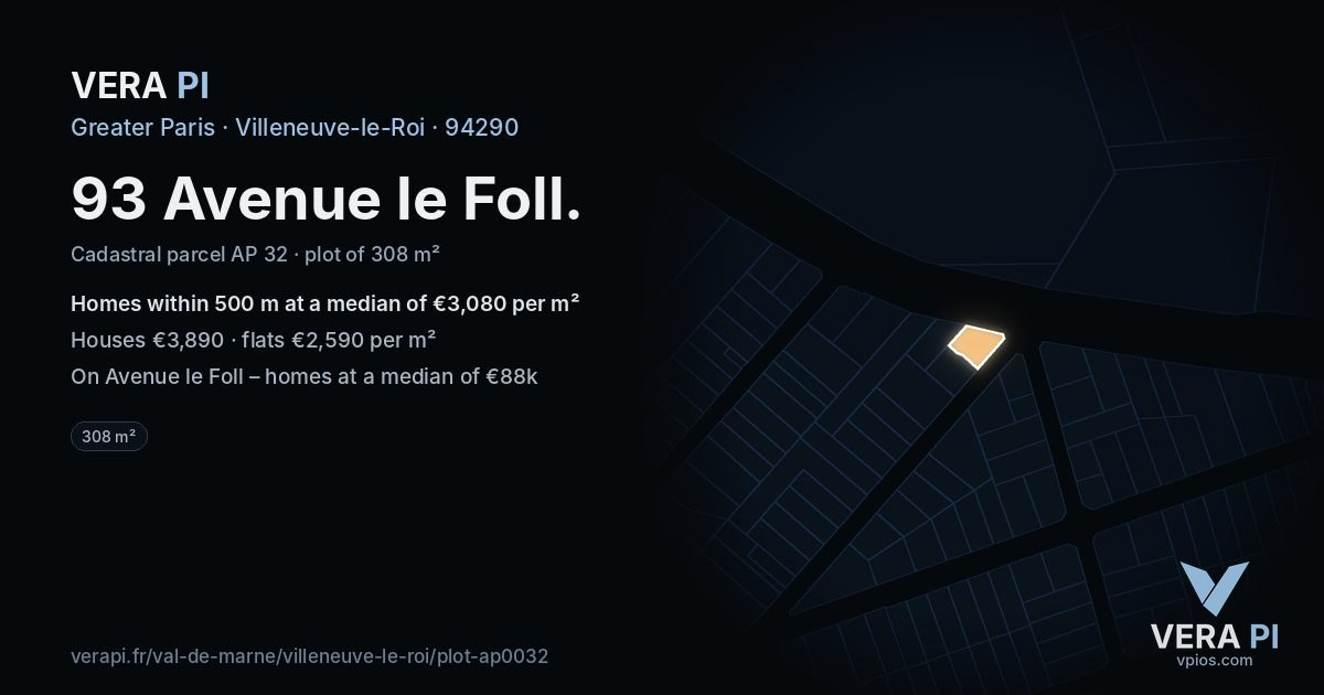 93 Avenue le Foll, Villeneuve-le-Roi at night – the plot lit, the parcels around coloured by the prices near them