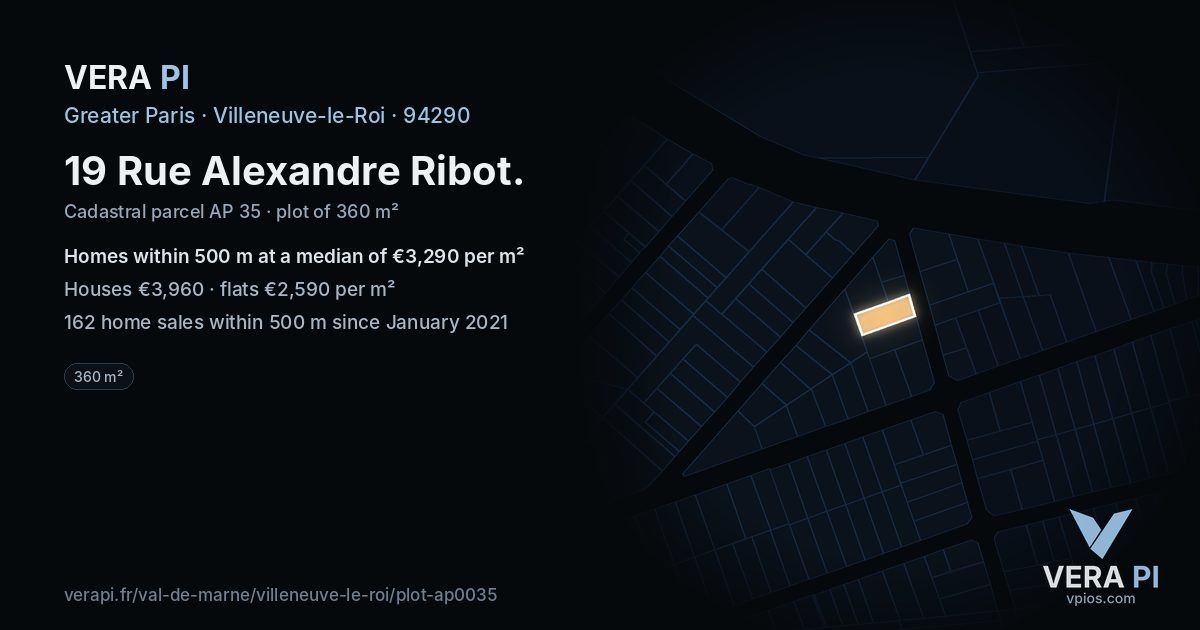 19 Rue Alexandre Ribot, Villeneuve-le-Roi at night – the plot lit, the parcels around coloured by the prices near them