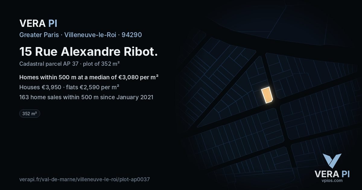 15 Rue Alexandre Ribot, Villeneuve-le-Roi at night – the plot lit, the parcels around coloured by the prices near them