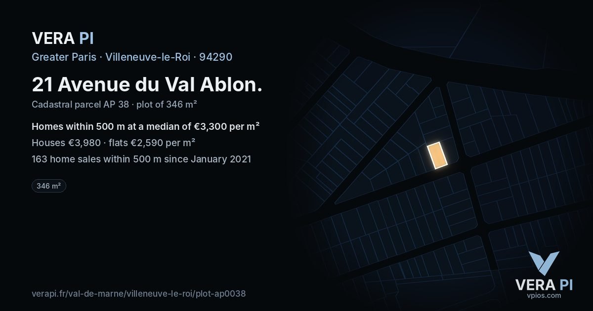 21 Avenue du Val Ablon, Villeneuve-le-Roi at night – the plot lit, the parcels around coloured by the prices near them