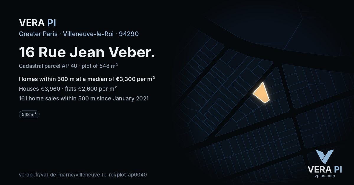 16 Rue Jean Veber, Villeneuve-le-Roi at night – the plot lit, the parcels around coloured by the prices near them