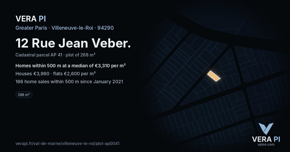 12 Rue Jean Veber, Villeneuve-le-Roi at night – the plot lit, the parcels around coloured by the prices near them
