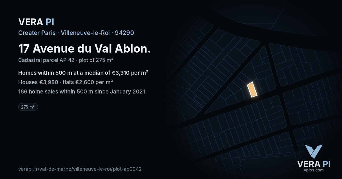 17 Avenue du Val Ablon, Villeneuve-le-Roi at night – the plot lit, the parcels around coloured by the prices near them
