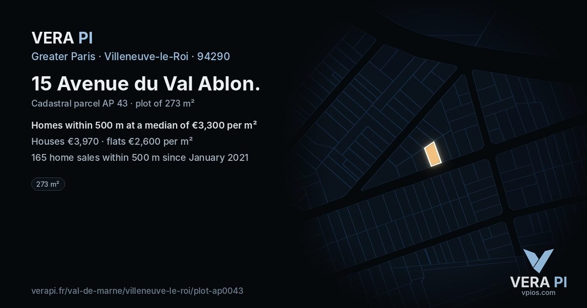 15 Avenue du Val Ablon, Villeneuve-le-Roi at night – the plot lit, the parcels around coloured by the prices near them