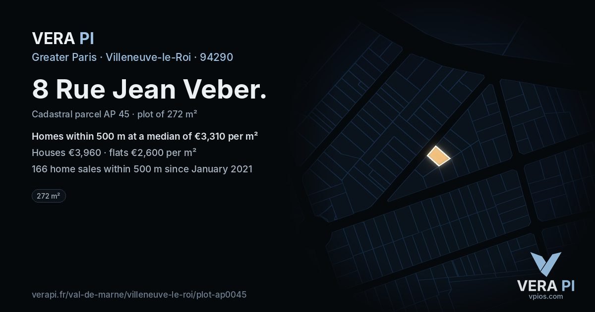 8 Rue Jean Veber, Villeneuve-le-Roi at night – the plot lit, the parcels around coloured by the prices near them
