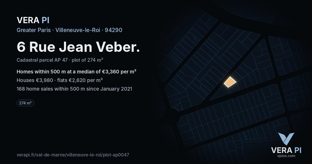 6 Rue Jean Veber, Villeneuve-le-Roi at night – the plot lit, the parcels around coloured by the prices near them